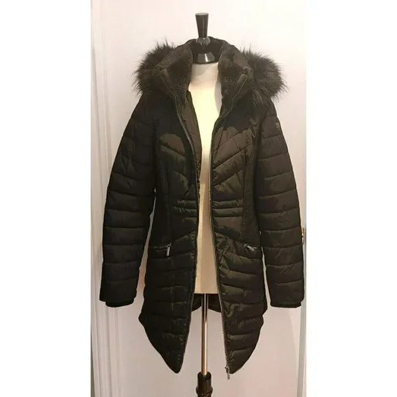 DKNY Black Quilted Puffer Coat Removable Faux Fur Hood Size Small - Picture 2 of 8